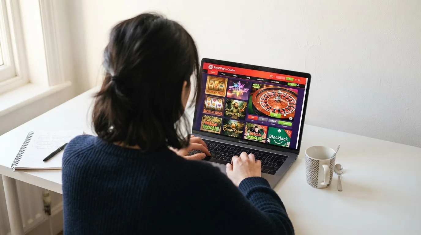 Person am Laptop liest eine Übersichtsseite zu Geldspielen im Internet — 10 franken bonus ohne einzahlung casino