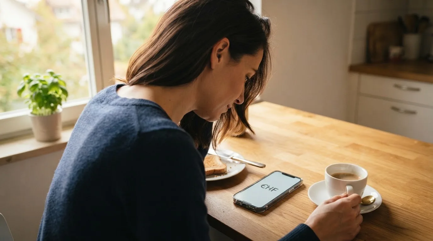 Frau tippt konzentriert auf ihrem Smartphone an einem Küchentisch, eine Tasse Kaffee steht griffbereit daneben.