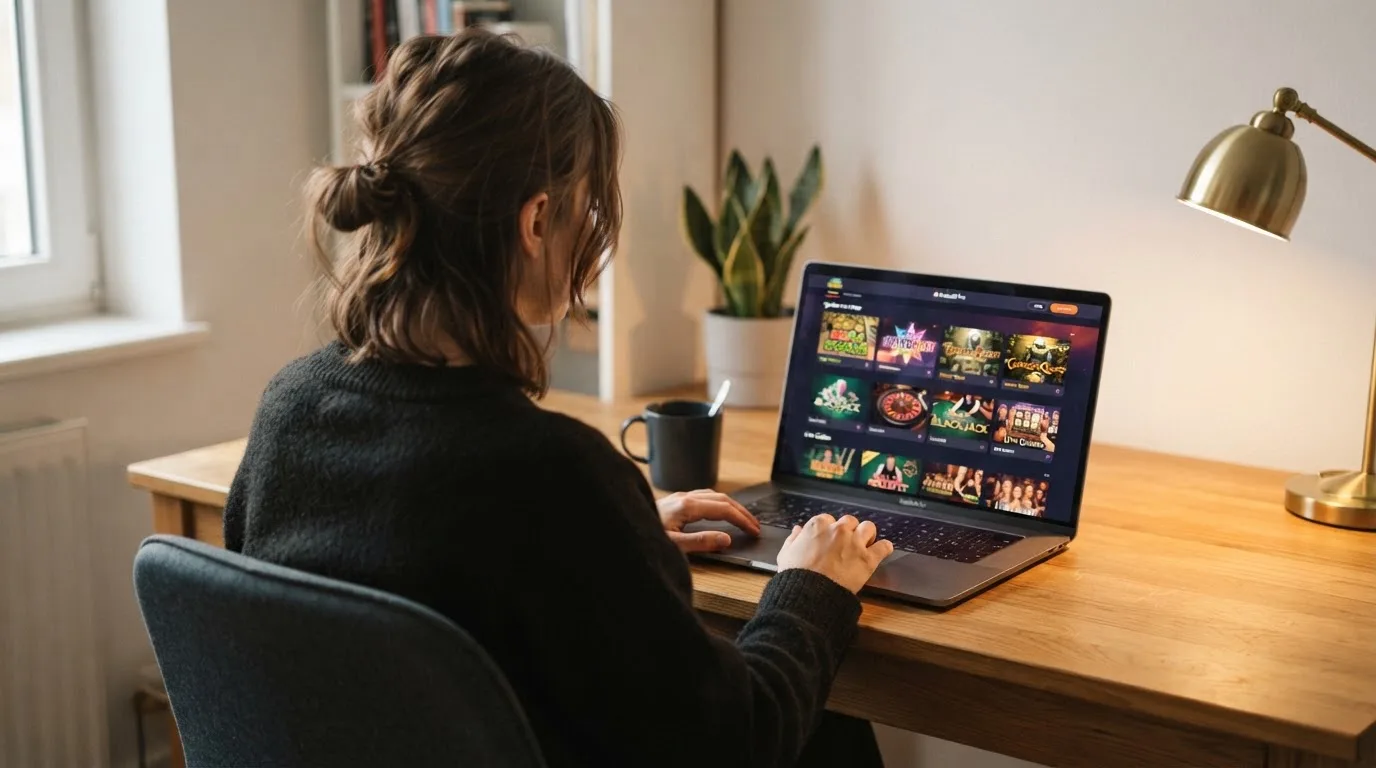 Person am Laptop liest eine Übersichtsseite zu Geldspielen im Internet — 20 franken bonus ohne einzahlung casino