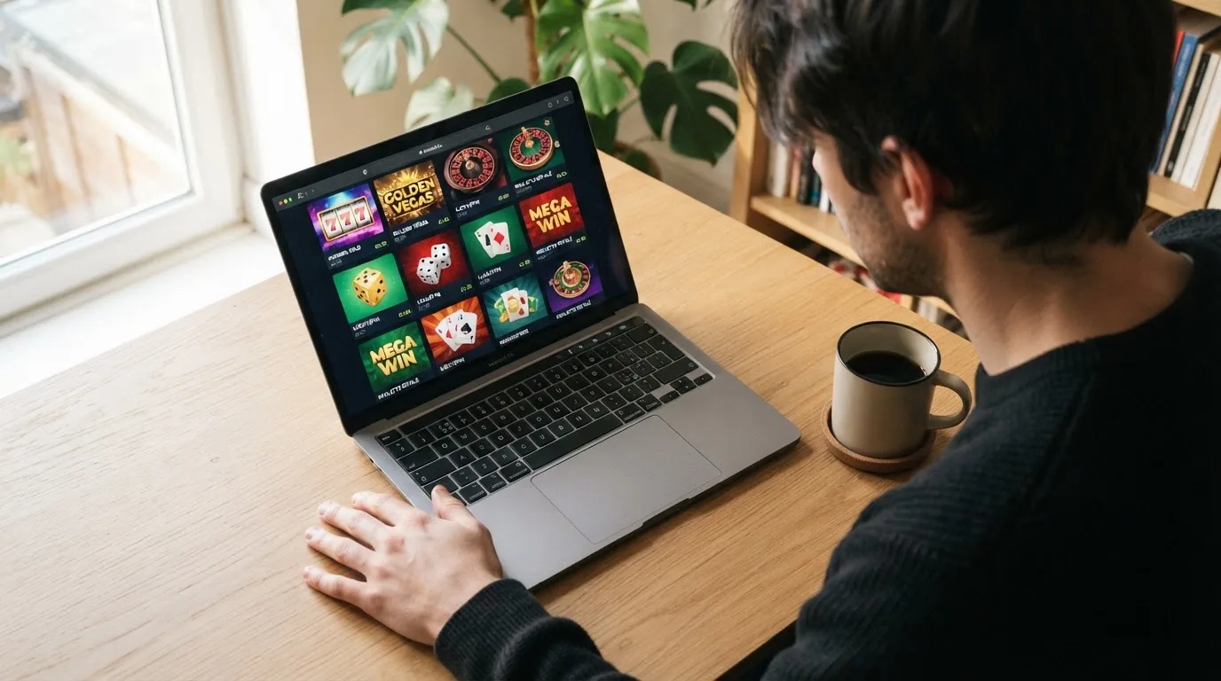 Person am Laptop liest eine Übersichtsseite zu Geldspielen im Internet — 20 freispiele ohne einzahlung
