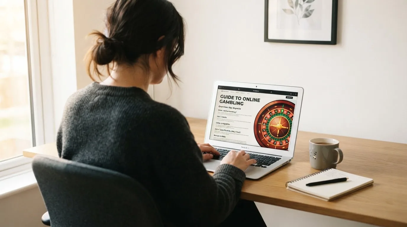 Person am Laptop liest eine Übersichtsseite zu Geldspielen im Internet — 30 franken bonus ohne einzahlung casino