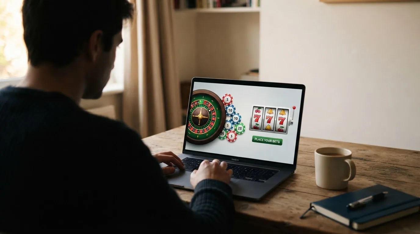 Person am Laptop liest eine Übersichtsseite zu Geldspielen im Internet — 40 franken bonus ohne einzahlung casino