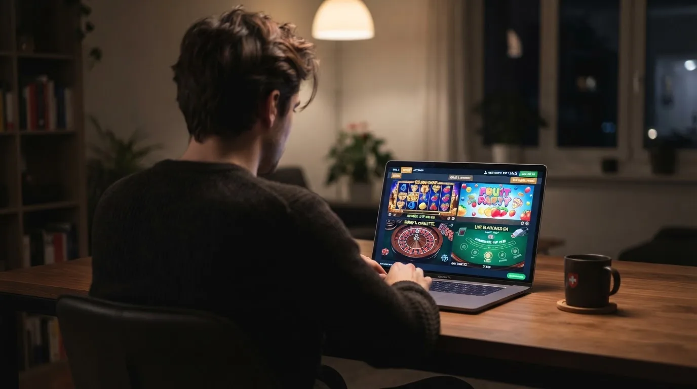 Person am Laptop liest eine Übersichtsseite zu Geldspielen im Internet — 5 franken bonus ohne einzahlung casino