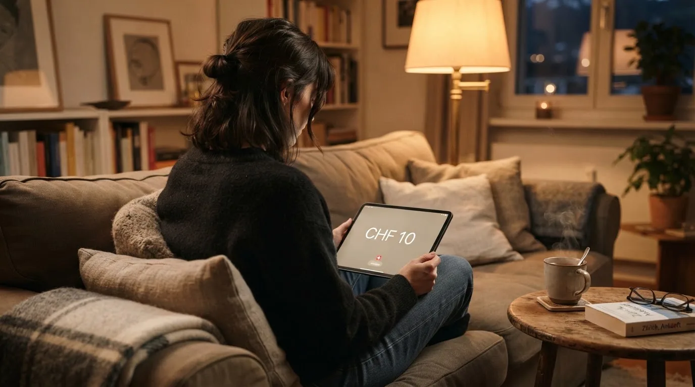 Person sitzt entspannt mit Tablet auf dem Sofa, warmes Lampenlicht, eine Tasse Tee steht daneben auf einem kleinen Tisch.