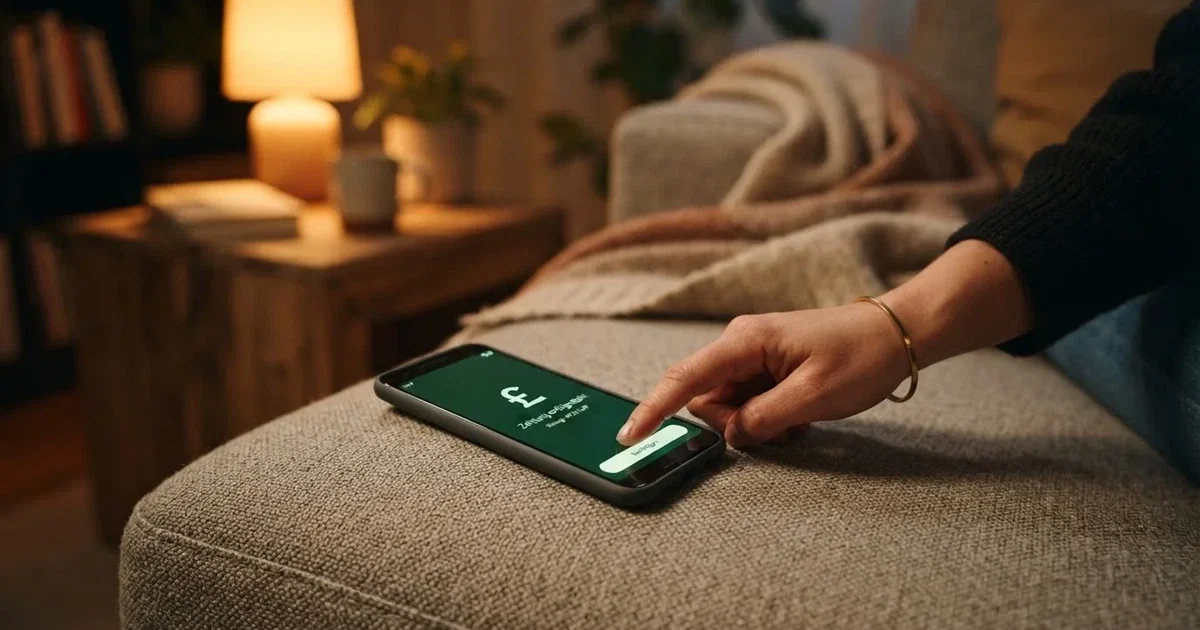 Nahaufnahme einer Hand, die auf einem Smartphone eine Zahlungsbestätigung antippt, im Hintergrund eine gemütliche Wohnzimmerecke am Abend.