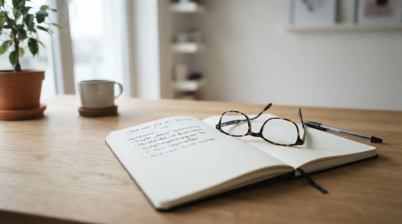 Ein Notizbuch mit handschriftlichen Stichpunkten liegt neben einer Brille auf einem Holzschreibtisch bei Tageslicht.
