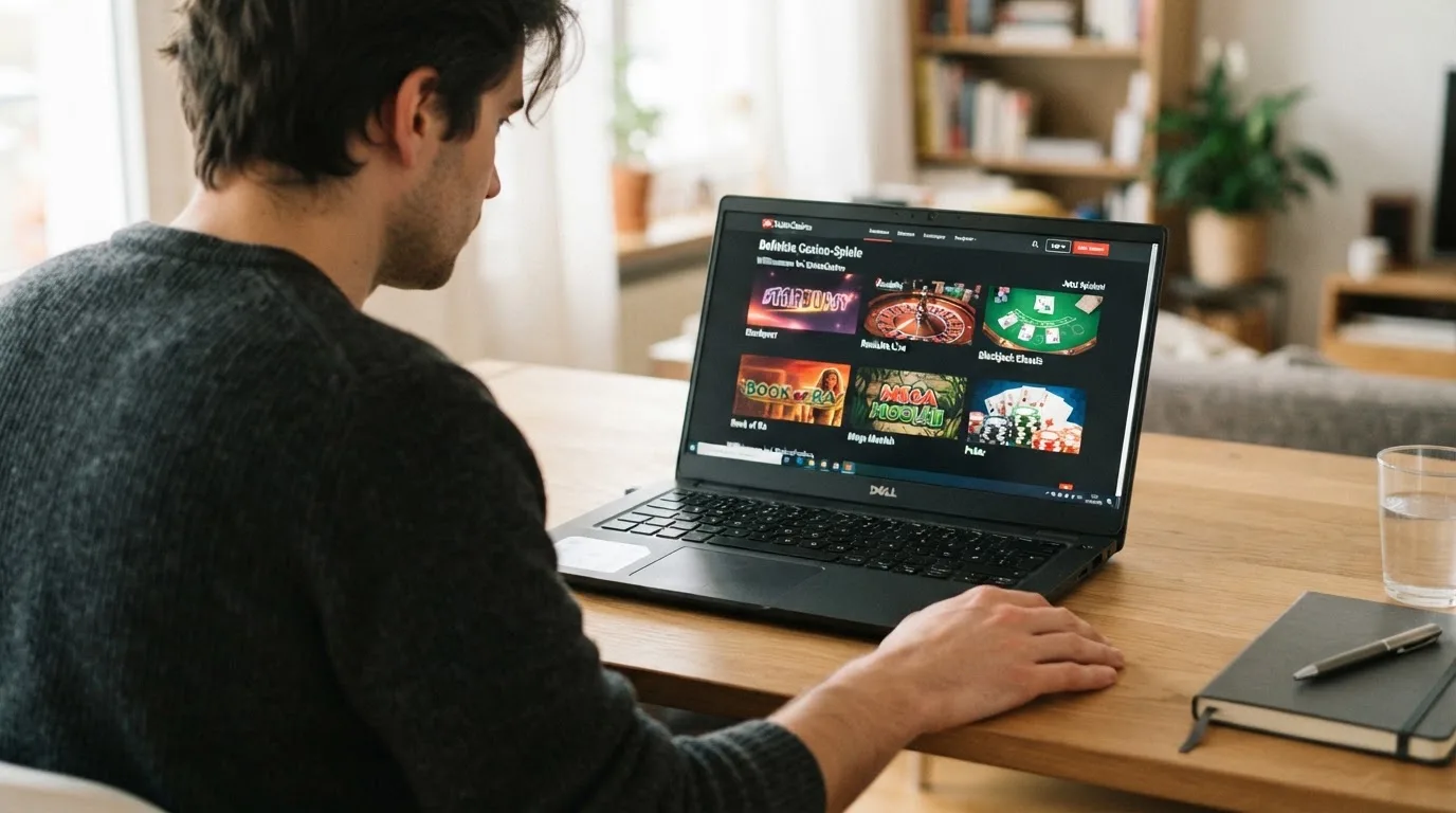 Person am Laptop liest eine Übersichtsseite zu Geldspielen im Internet — best crypto casino schweiz