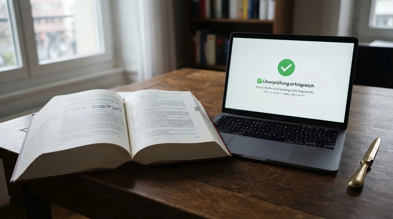Amtliches Schreiben mit Stempel auf einem Schreibtisch neben einem Gesetzbuch — best crypto casino schweiz