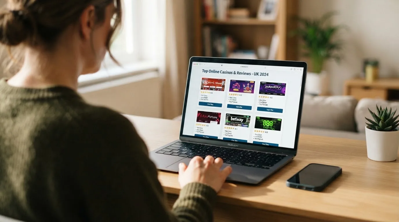 Person am Laptop liest eine Übersichtsseite zu Geldspielen im Internet — beste ausländische casinos für schweizer spieler
