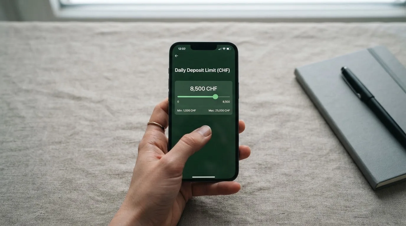 Hand hält ein Smartphone mit einem Formular zur Einzahlungsgrenze, ruhige Stimmung — beste ausländische casinos für schweizer spieler
