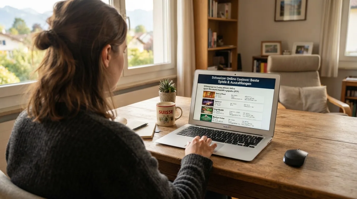 Person am Laptop liest eine Übersichtsseite zu Geldspielen im Internet — beste auszahlungsquote online casino
