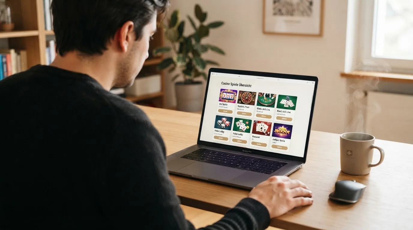 Person am Laptop liest eine Übersichtsseite zu Geldspielen im Internet — beste casino mit schneller auszahlung