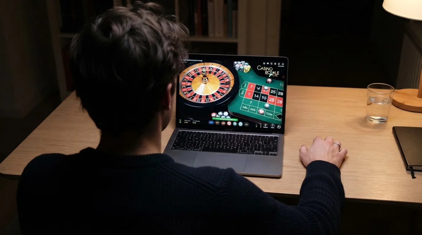 Person am Laptop liest eine Übersichtsseite zu Geldspielen im Internet — beste casino ohne verifizierung auszahlen