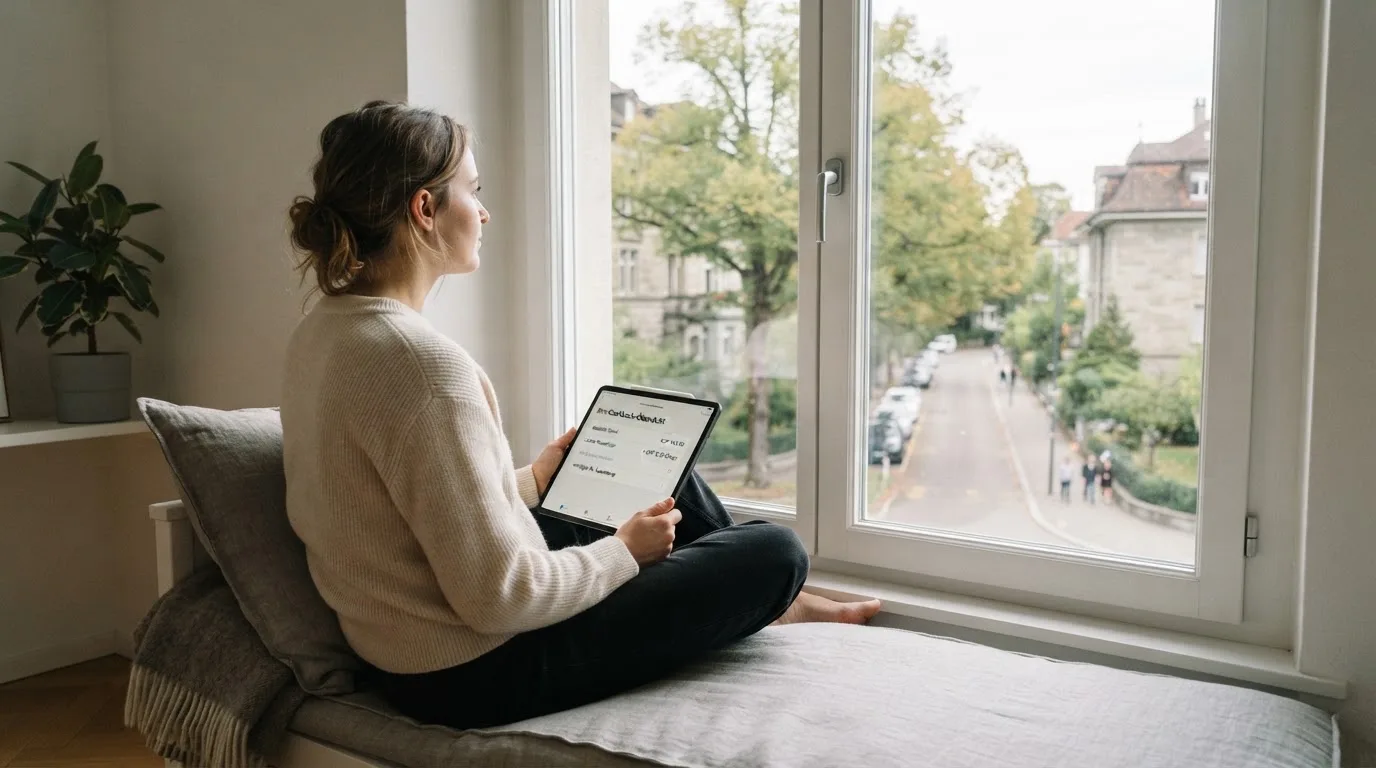 Frau sitzt mit einem Tablet auf einer Fensterbank, Blick nach draussen auf eine ruhige Strasse.