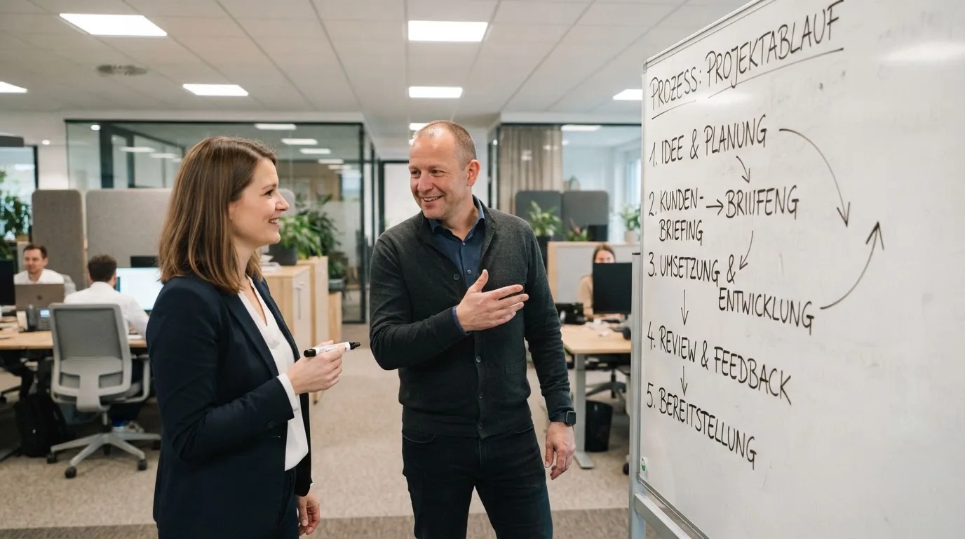 Zwei Kollegen besprechen an einem Whiteboard mit Notizen einen Ablauf, Grossraumbüro im Hintergrund.