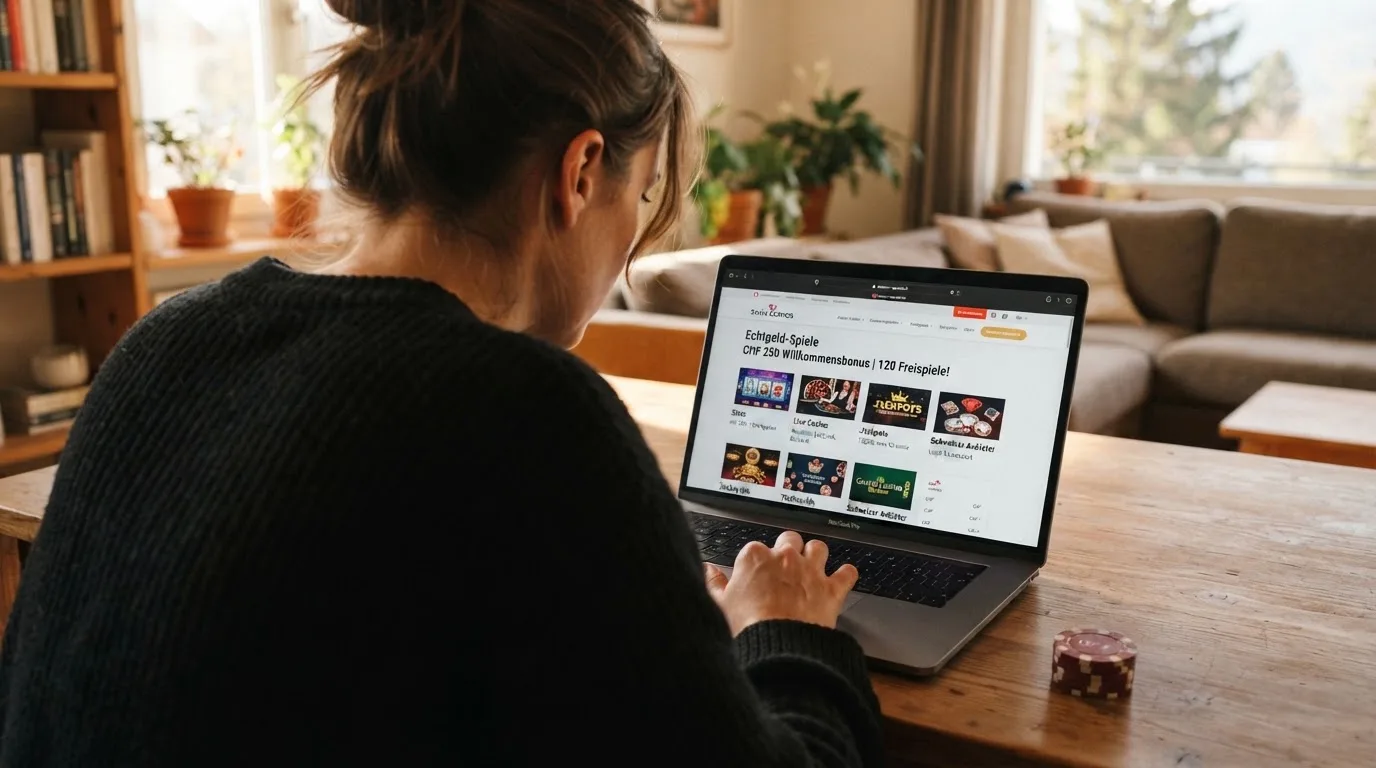 Person am Laptop liest eine Übersichtsseite zu Geldspielen im Internet — beste craps online casinos schweiz