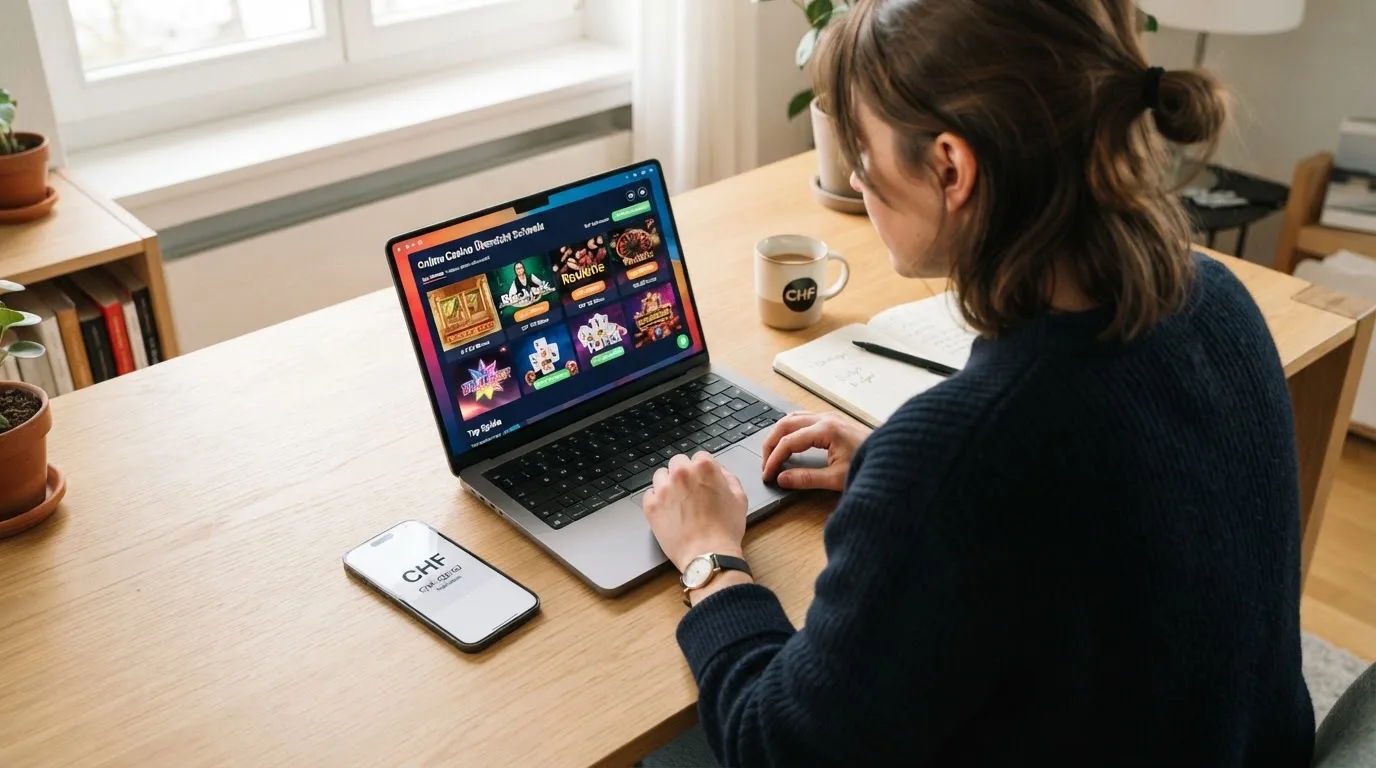 Person am Laptop liest eine Übersichtsseite zu Geldspielen im Internet — beste online casino ausland