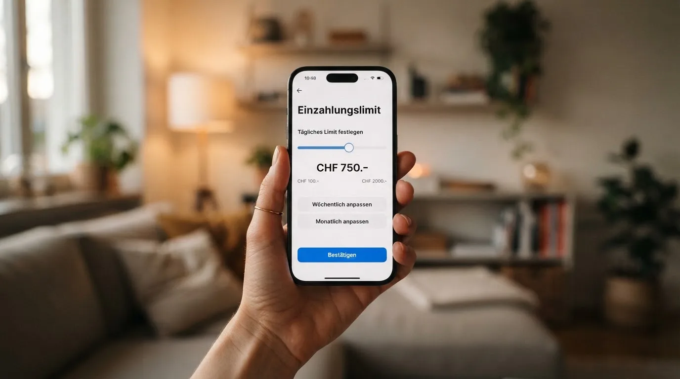 Hand hält ein Smartphone mit einem Formular zur Einzahlungsgrenze, ruhige Stimmung — beste online casino ausland