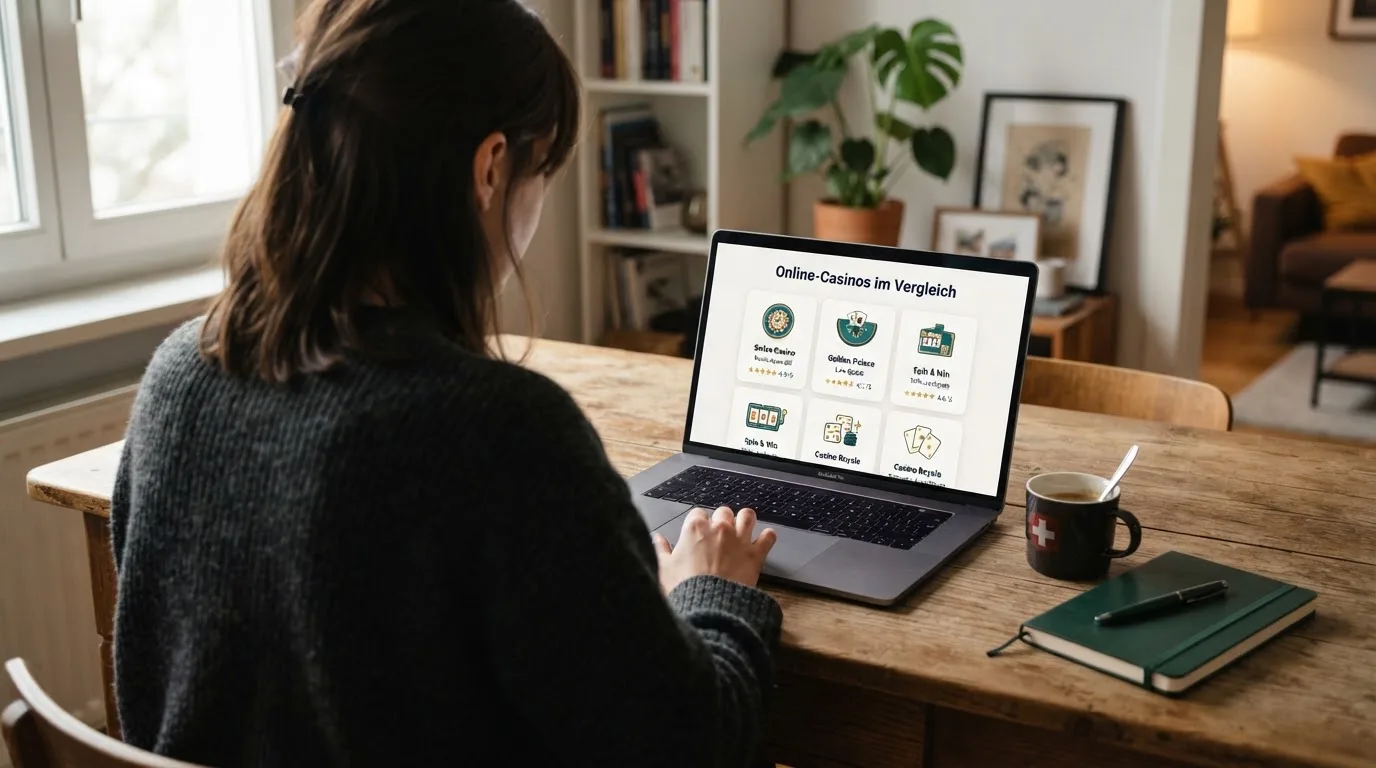 Person am Laptop liest eine Übersichtsseite zu Geldspielen im Internet — beste online casino echtgeld app