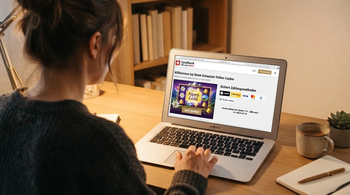 Person am Laptop liest eine Übersichtsseite zu Geldspielen im Internet — beste online casino mit apple pay bezahlen