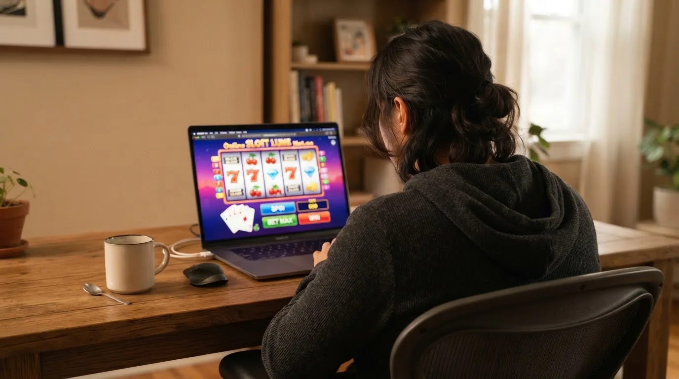 Person am Laptop liest eine Übersichtsseite zu Geldspielen im Internet — beste online casino mit banküberweisung bezahlen