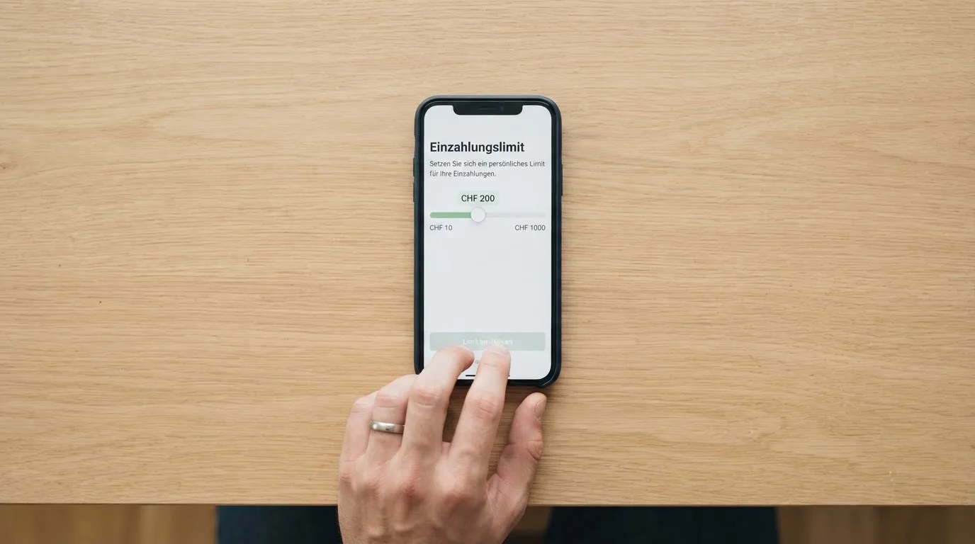 Hand hält ein Smartphone mit einem Formular zur Einzahlungsgrenze, ruhige Stimmung — beste online casino schweiz