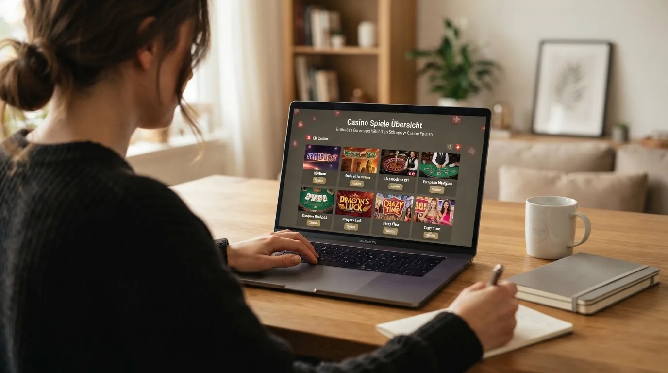 Person am Laptop liest eine Übersichtsseite zu Geldspielen im Internet — beste online spielothek casinos