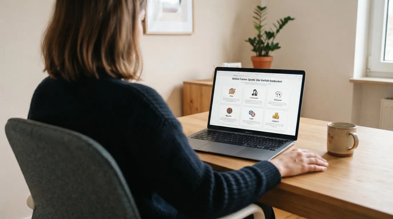 Person am Laptop liest eine Übersichtsseite zu Geldspielen im Internet — binance coin casino vergleich