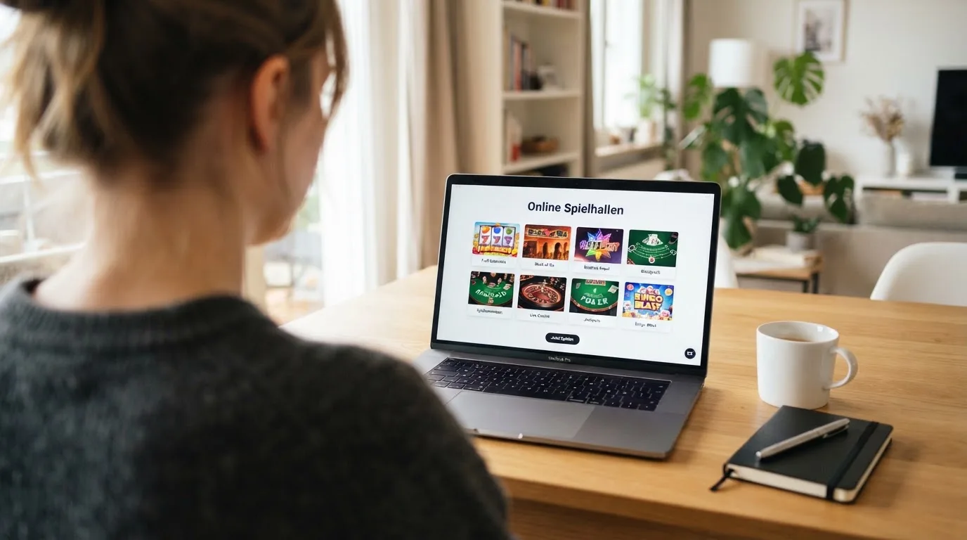 Person am Laptop liest eine Übersichtsseite zu Geldspielen im Internet — bitcoin cash casino vergleich