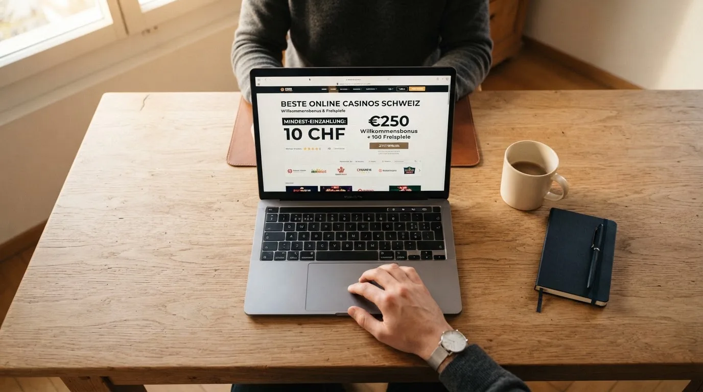 Person am Laptop liest eine Übersichtsseite zu Geldspielen im Internet — casino bonus ohne einzahlung