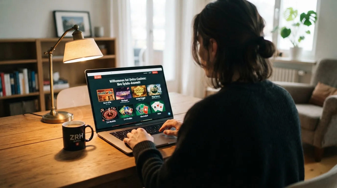 Person am Laptop liest eine Übersichtsseite zu Geldspielen im Internet — casino mit hoher gewinnchance