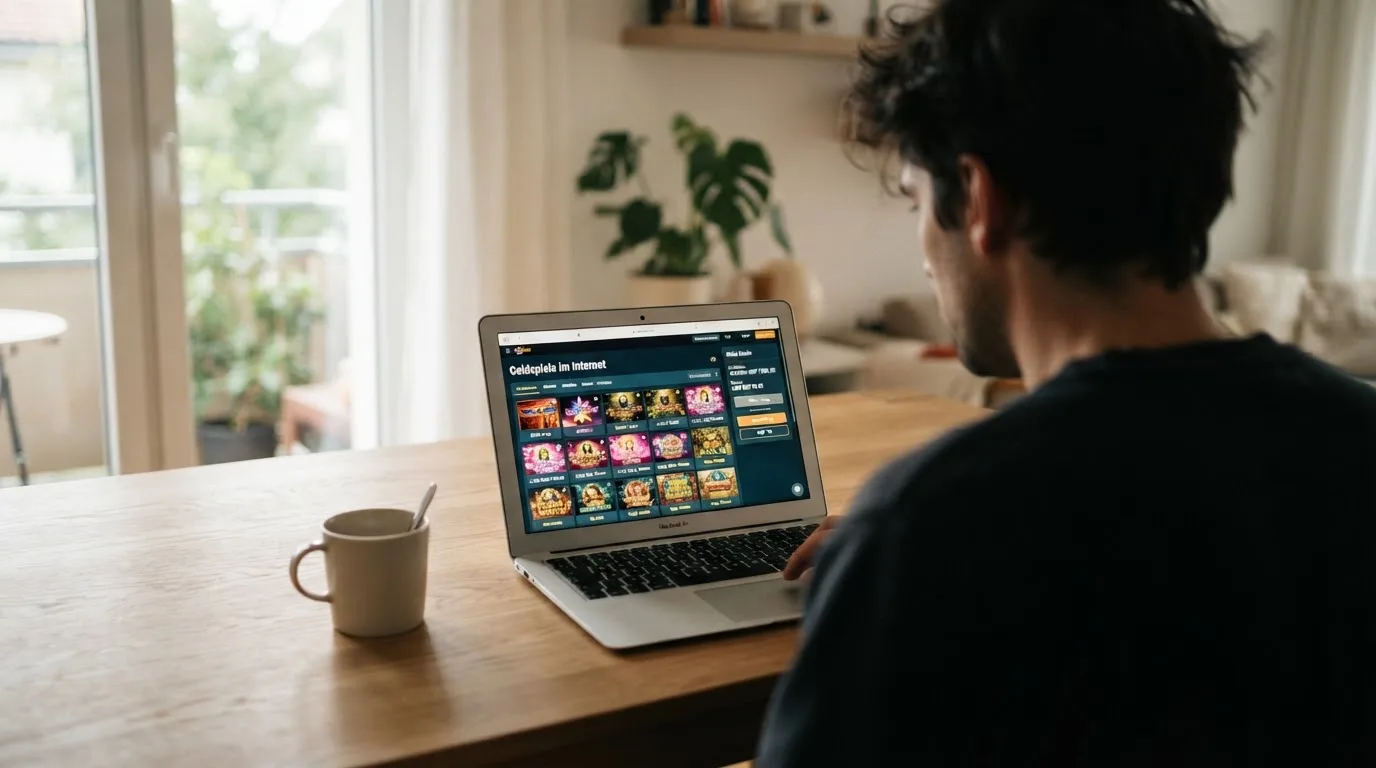 Person am Laptop liest eine Übersichtsseite zu Geldspielen im Internet — casino online mit bonus ohne einzahlung