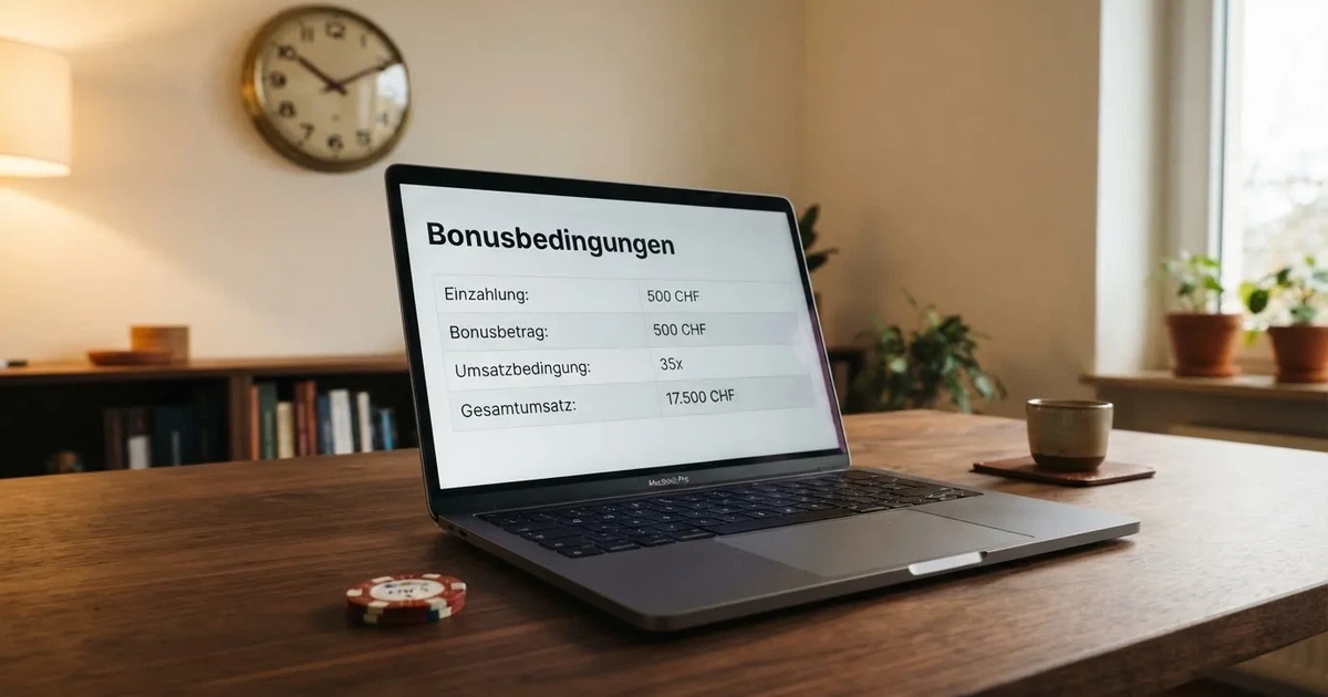 Bildschirm mit Bonusbedingungen, Einsatztabelle und einer Uhr im Hintergrund — casino online mit bonus ohne einzahlung
