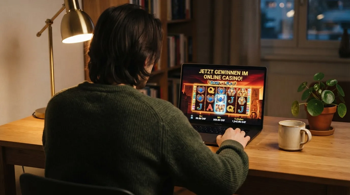 Person am Laptop liest eine Übersichtsseite zu Geldspielen im Internet — handy casino echtgeld bonus ohne einzahlung