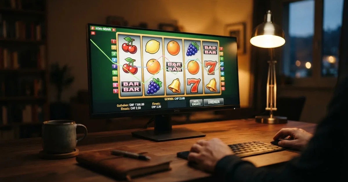 Walzen eines Spielautomaten im Demomodus auf einem Computerbildschirm — online casino bonus ohne einzahlung ohne download