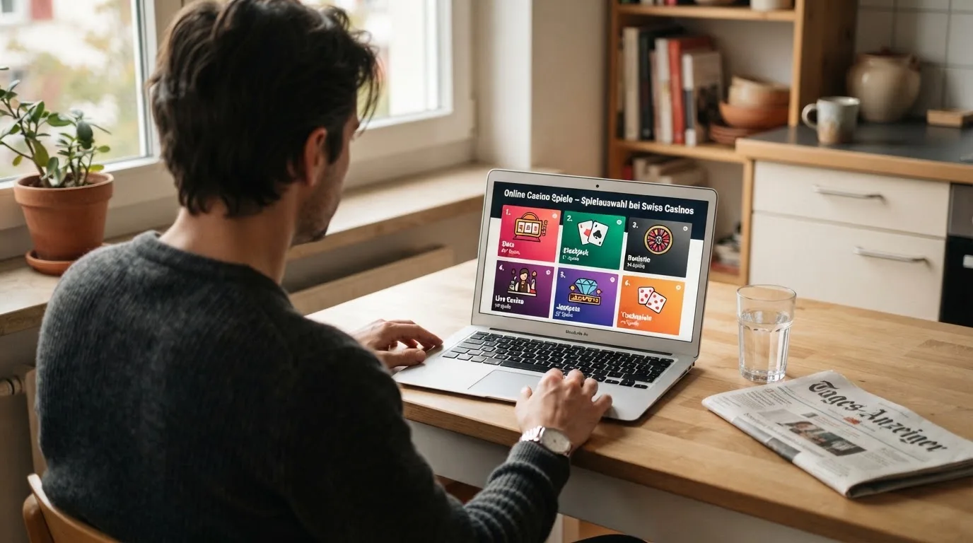 Person am Laptop liest eine Übersichtsseite zu Geldspielen im Internet — online casino bonus ohne einzahlung ohne download