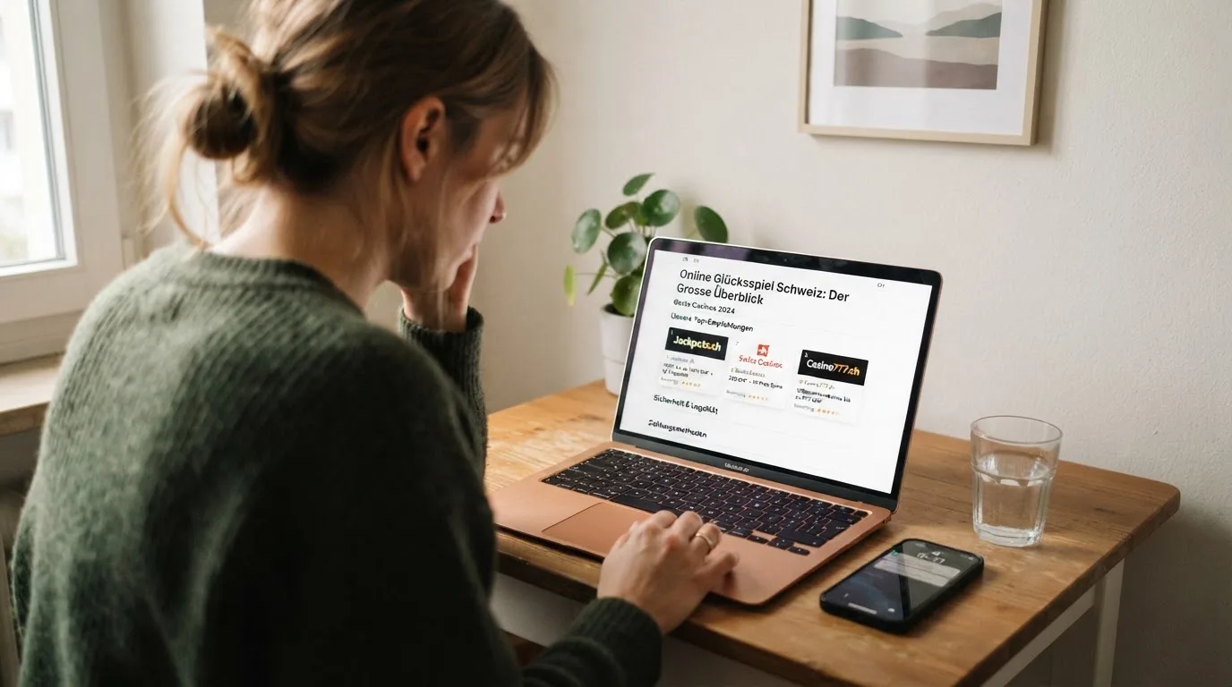 Person am Laptop liest eine Übersichtsseite zu Geldspielen im Internet — online casino bonus ohne einzahlung sofort