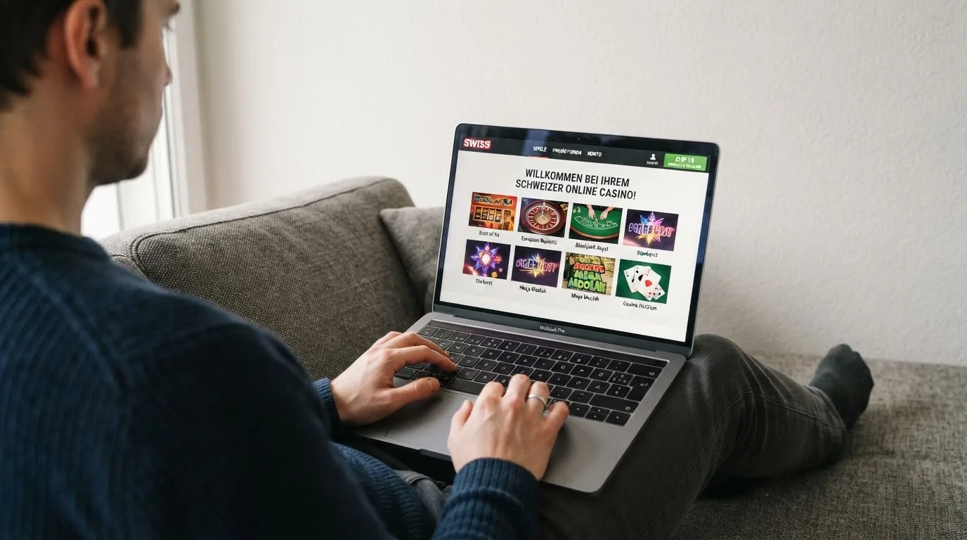 Person am Laptop liest eine Übersichtsseite zu Geldspielen im Internet — online casino einzahlungsbonus