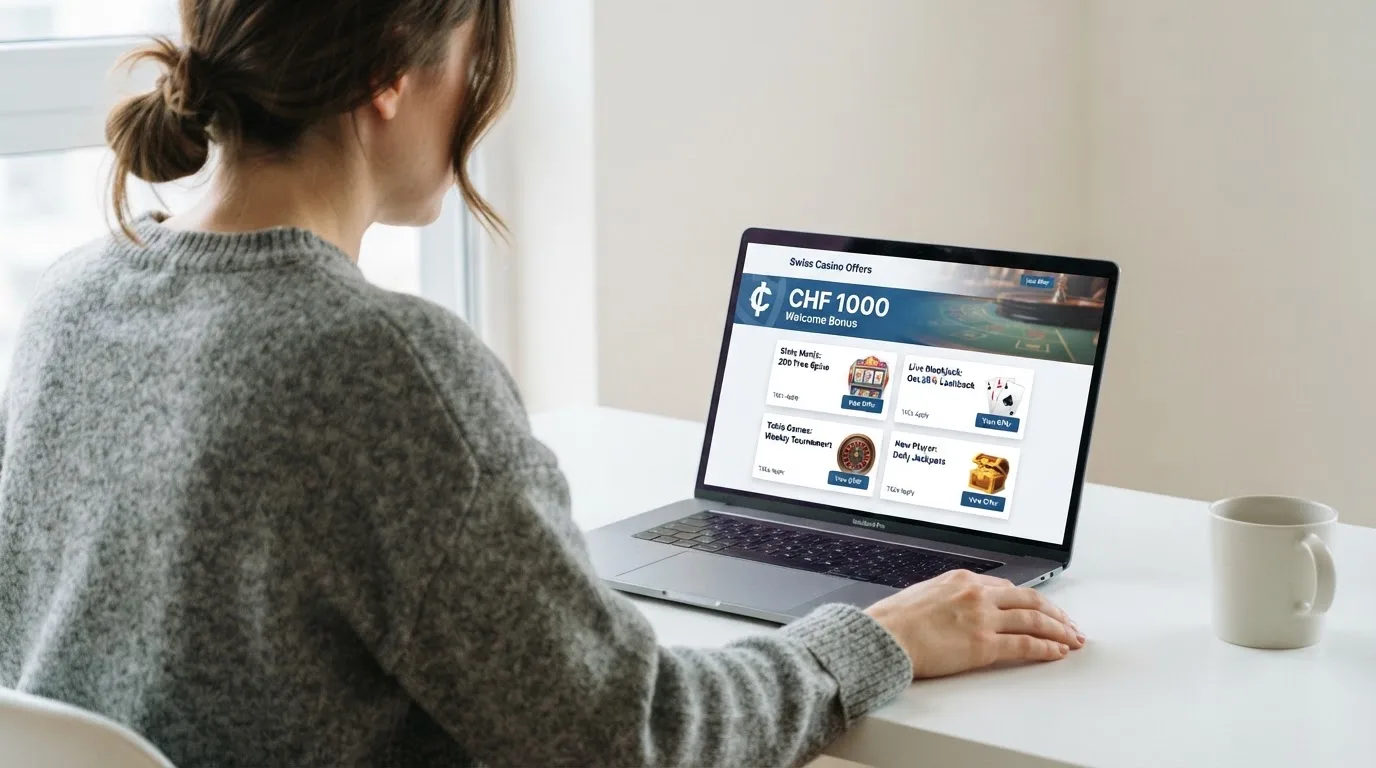 Person am Laptop liest eine Übersichtsseite zu Geldspielen im Internet — online casino gutschein codes