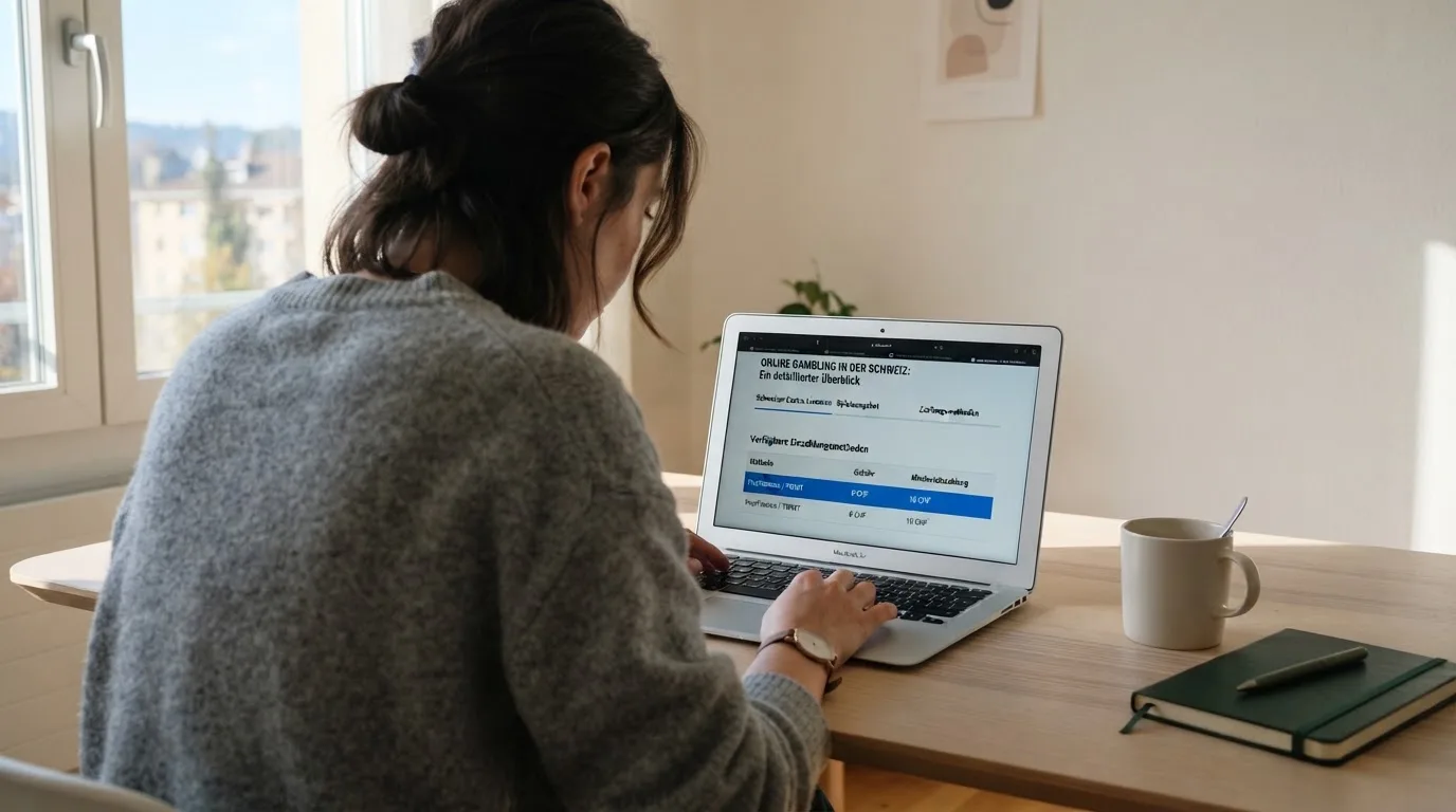 Person am Laptop liest eine Übersichtsseite zu Geldspielen im Internet — online casino mit 100% bonus