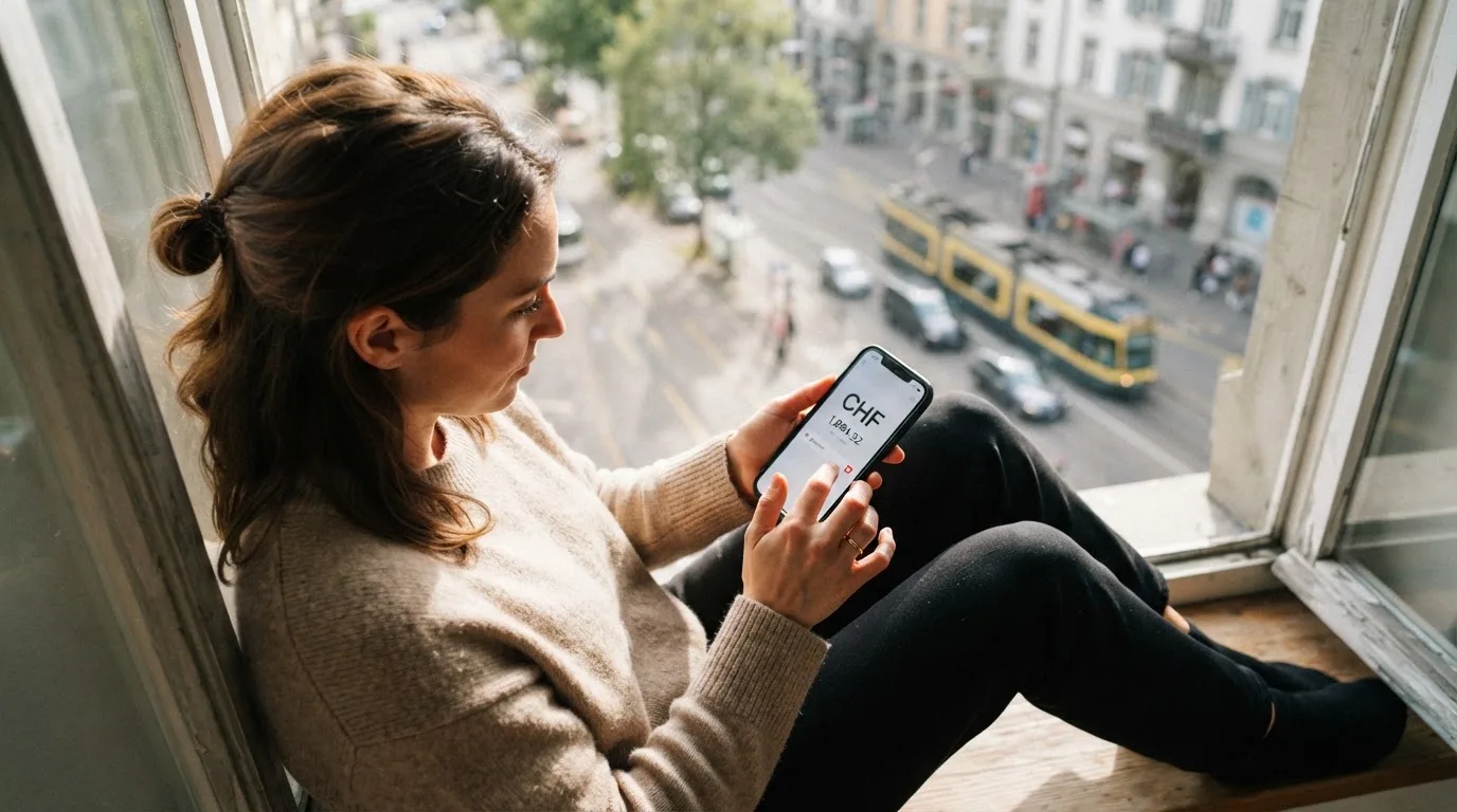 Frau lehnt entspannt an einer Fensterbank und liest auf ihrem Smartphone, Blick auf eine Strasse im Hintergrund.