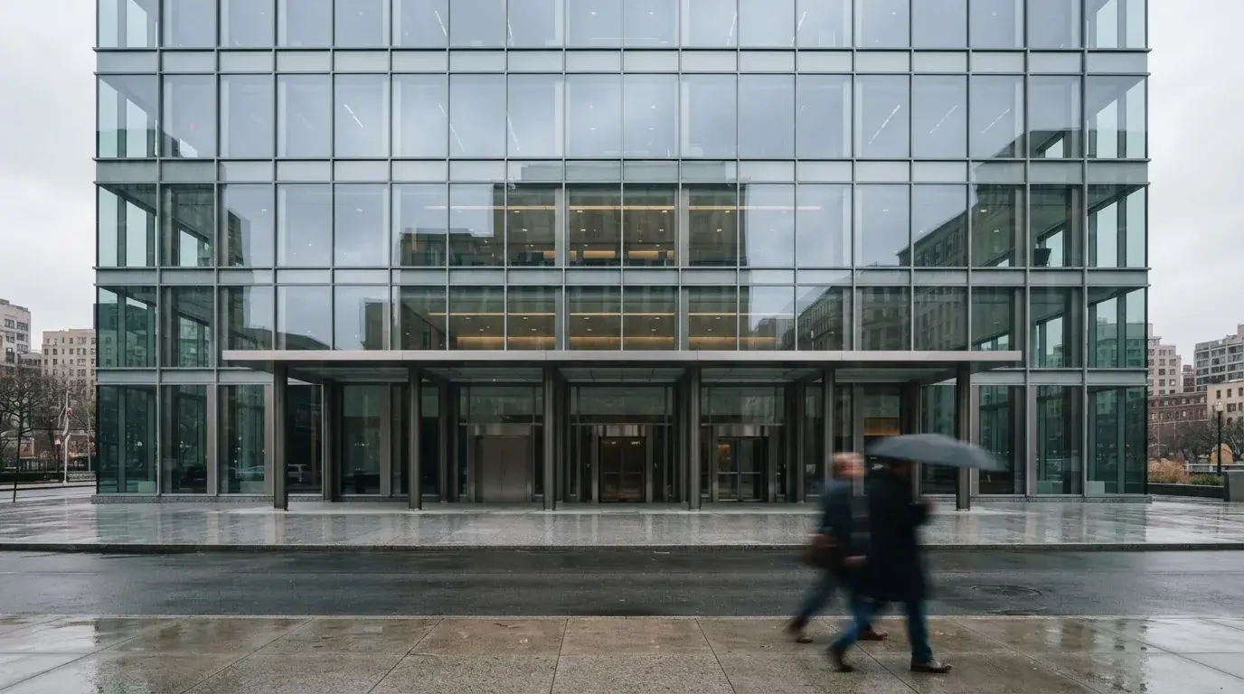 Blick auf ein Bankgebäude mit Glasfassade von der Strasse aus, Passanten gehen unscharf vorbei.