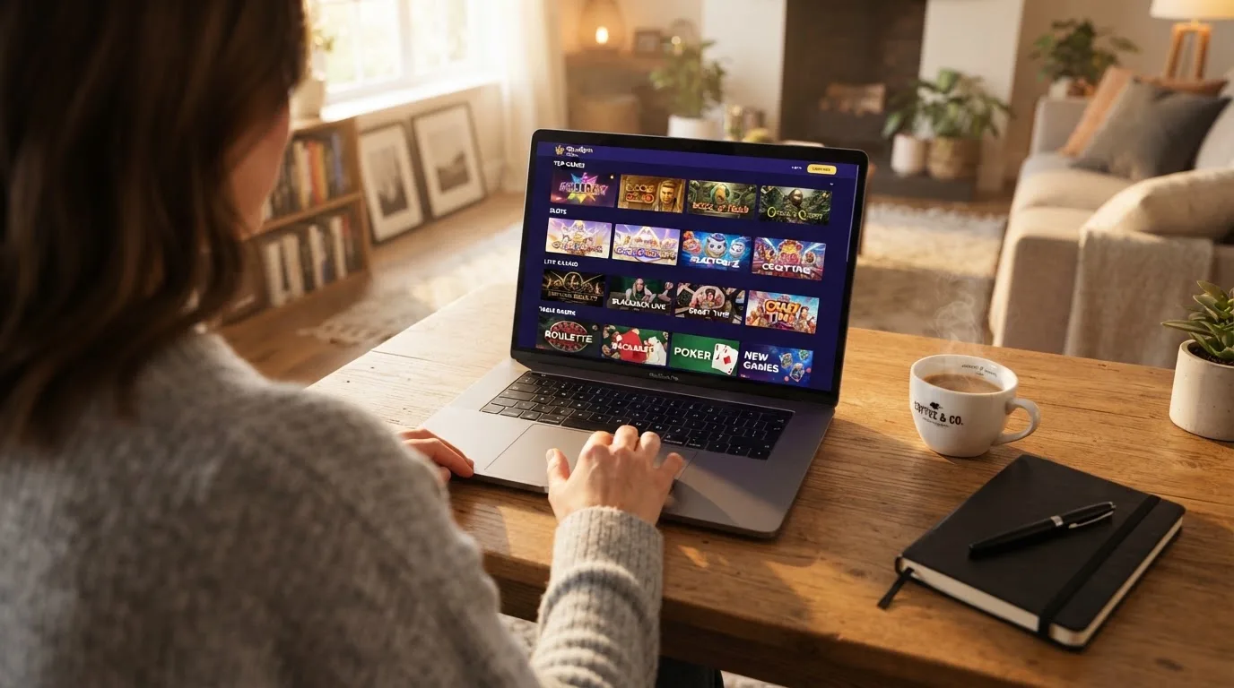 Person am Laptop liest eine Übersichtsseite zu Geldspielen im Internet — online casino mit 300% bonus