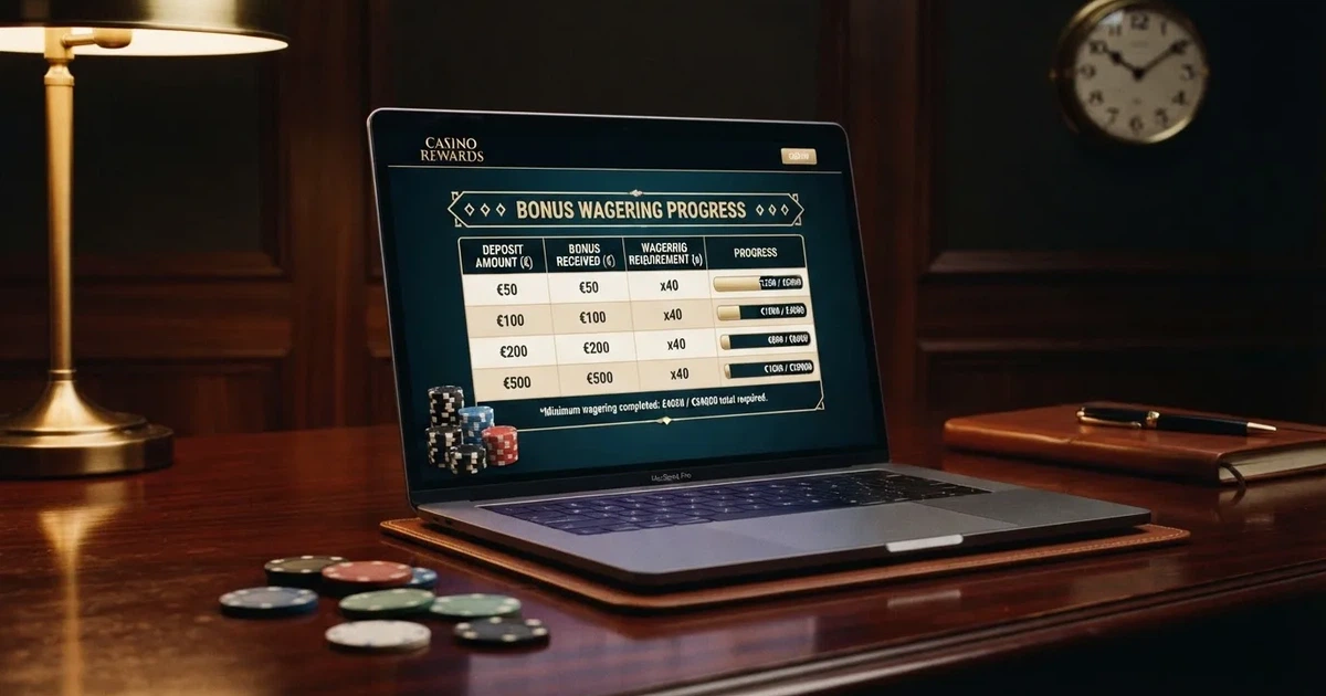 Bildschirm mit Bonusbedingungen, Einsatztabelle und einer Uhr im Hintergrund — online casino mit 300% bonus