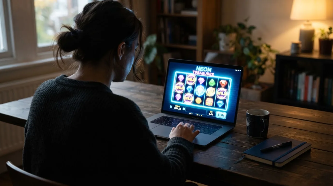 Person am Laptop liest eine Übersichtsseite zu Geldspielen im Internet — online casino mit autoplay