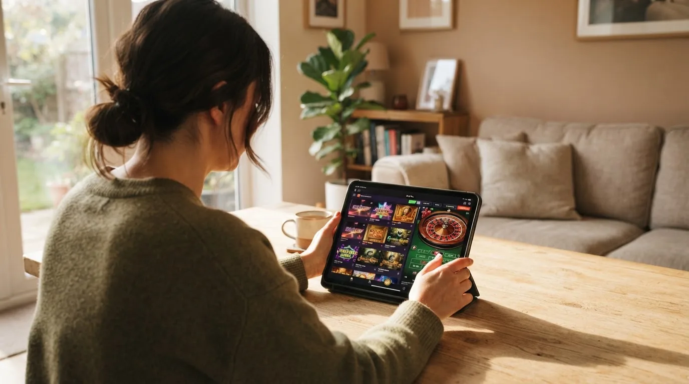 Frau sitzt am Wohnzimmertisch und schaut konzentriert auf ihr Tablet, Nachmittagslicht durchs Fenster.
