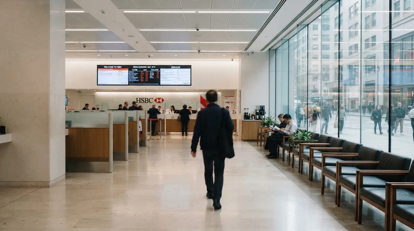 Blick auf eine helle Bankfiliale mit Wartebereich, im Vordergrund unscharf eine Person mit Jacke.