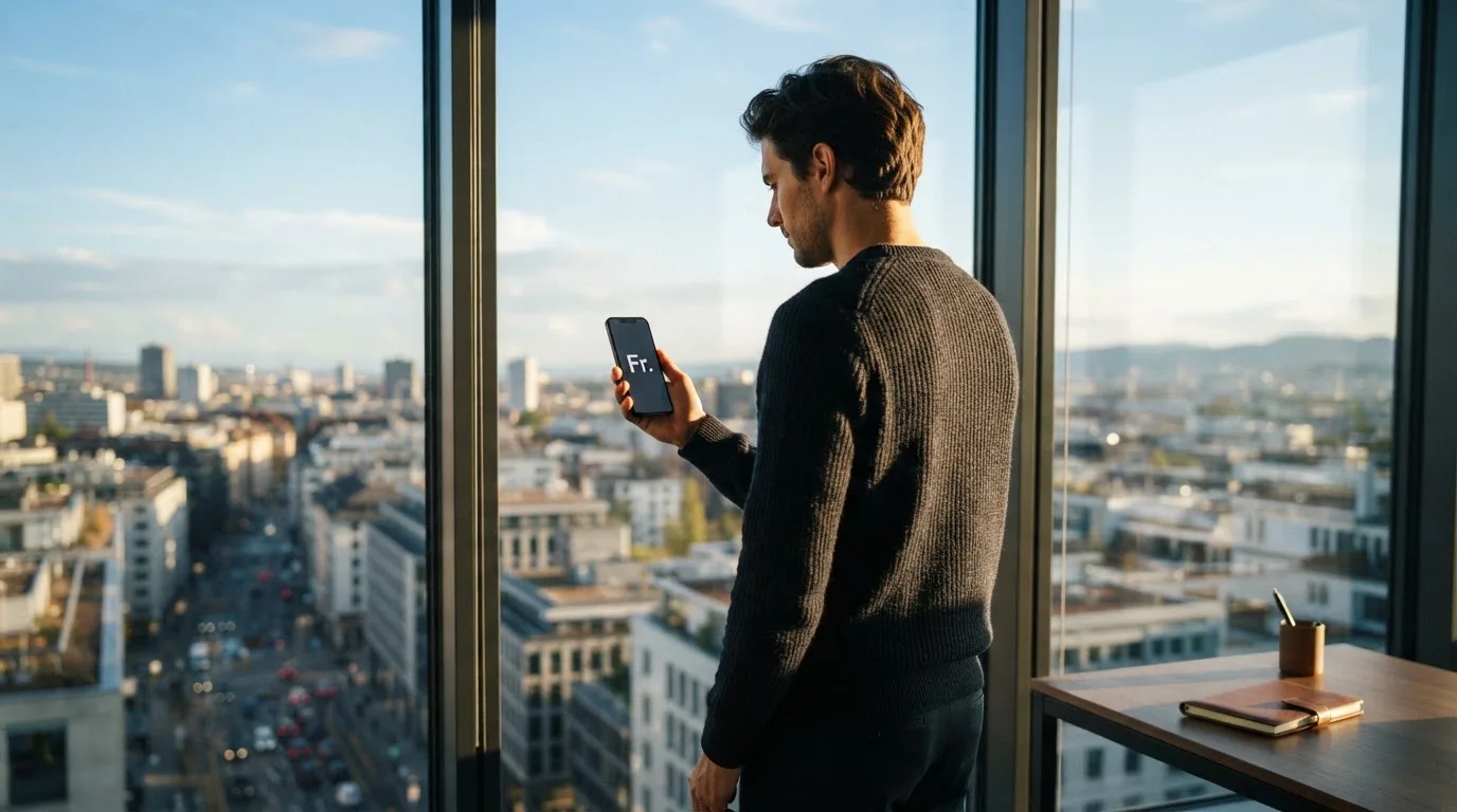 Mann steht am Fenster eines Büros und blickt nachdenklich auf sein Smartphone, Skyline im Hintergrund.