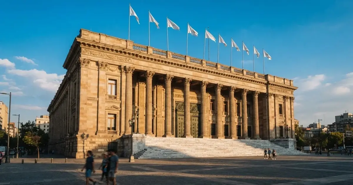 Blick auf ein Regierungsgebäude mit Säulen und Fahnenmast unter blauem Himmel am Nachmittag.