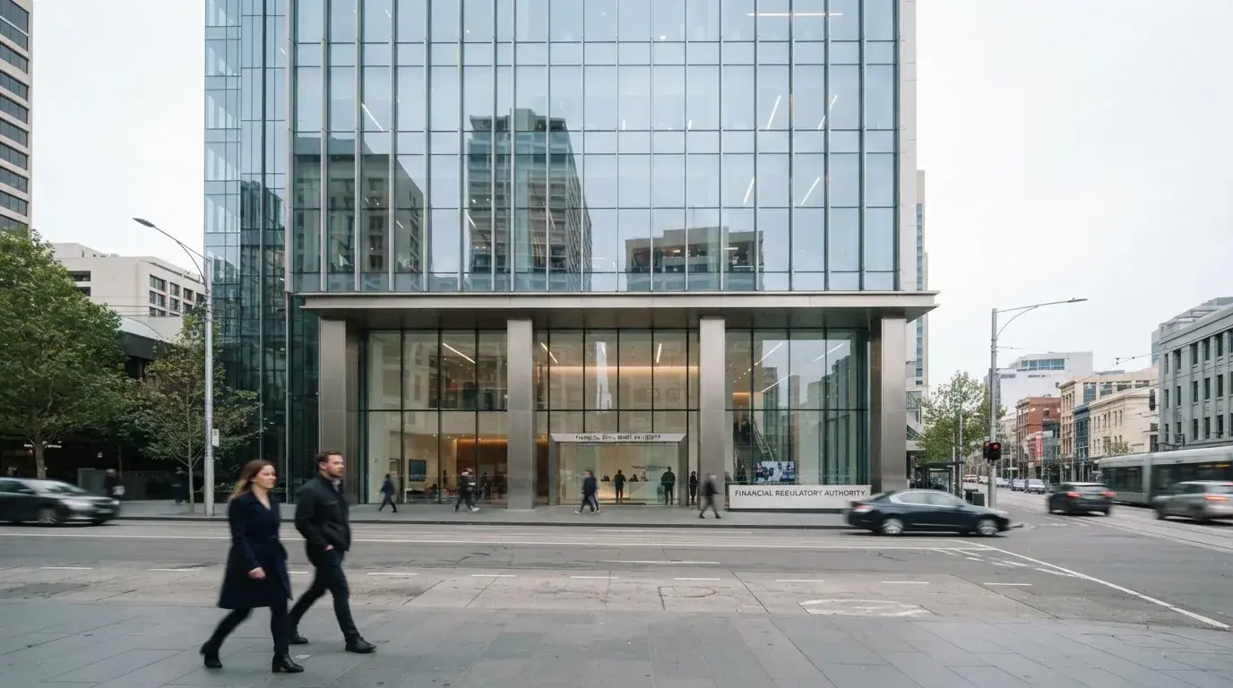 Blick auf eine moderne Bürofassade mit Glasfront von der Strasse aus, Passanten unscharf im Vordergrund.